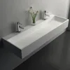 47'' Bathroom Sink Double-Bowl Wall Mounted Trough Floating Sink in Matte White Washhand Stand Sinks Furniture Fixture Home 1