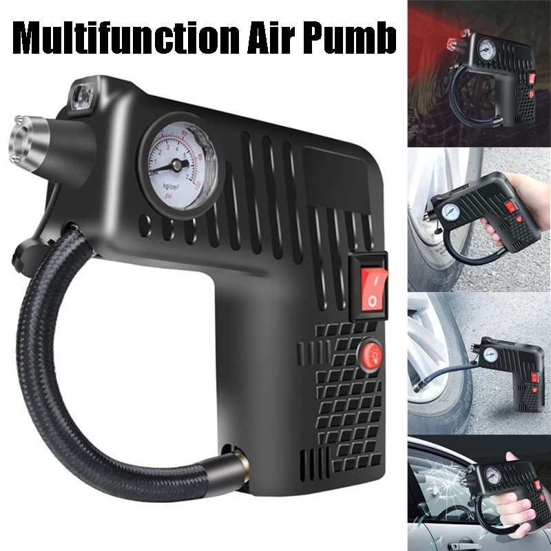 12V Portable Car Air Compressor Multifunction Tire Inflator Pump with Safety Hammer for Bike |