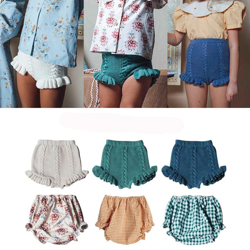 1-6Yrs Fashion Children Shorts Spring Autumn Cute Cartoon Lattice Flower Bud Pants Boys Girl Knitting Bloomers Three