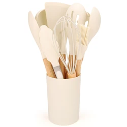 12-Piece Silicone Kitchen Utensil Set with Non-Stick Wood Handles and Storage Bucket (White)
