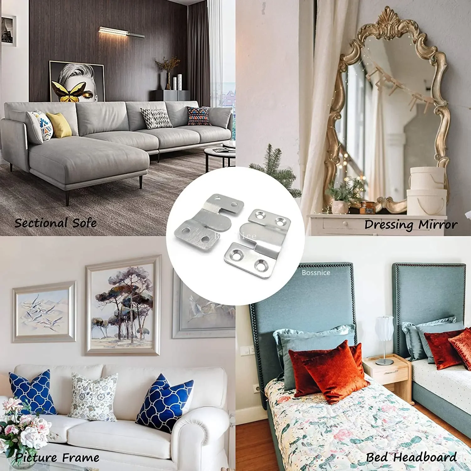 1Pair Flush Mount Brackets, Headboard Wall Fixing Brackets Wall Mount Interlocking Z Clip Hook for Pictures Mirrors Frames Hang 5