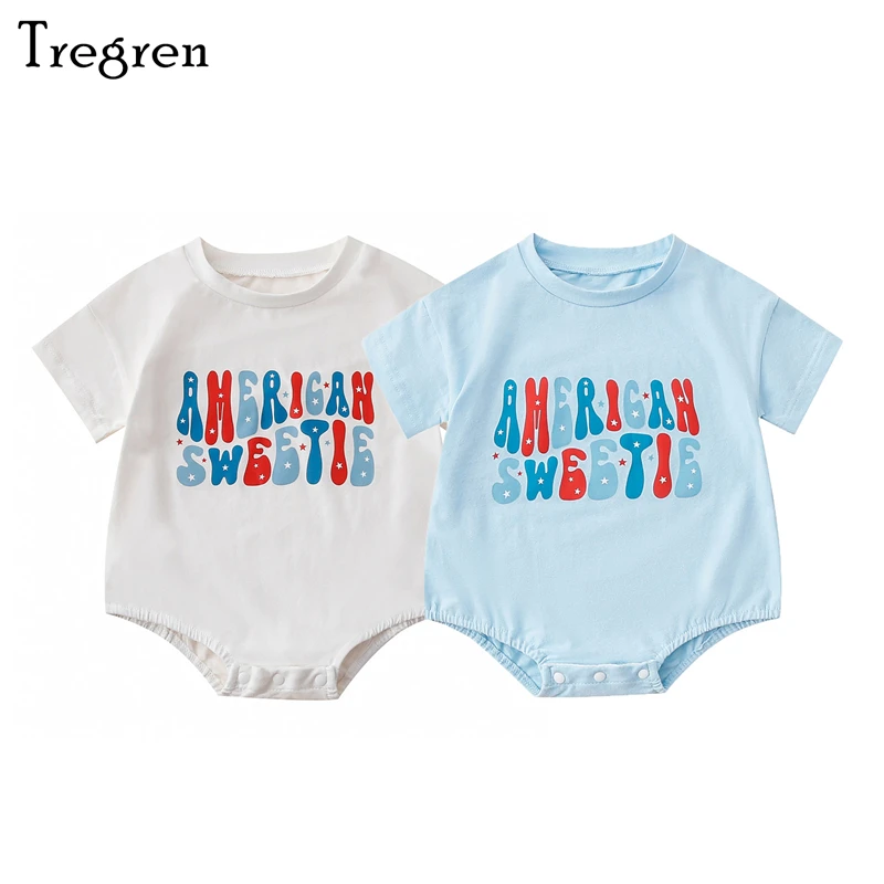 

Tregren 0-18M Independence Day Infant Baby Girls Boys Romper Casual Short Sleeve Crew Neck Letters Print Summer Bodysuit