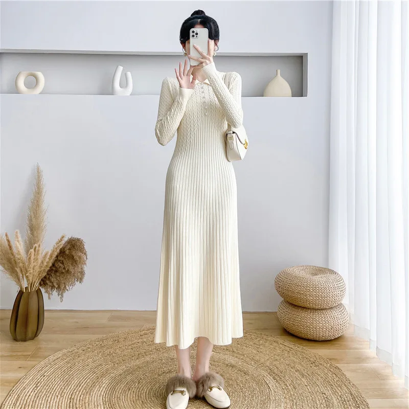 Ribbed Autumn Knit Long Dress For Women Fashion High Waist Elegant Solid Long Sleeve Dress Lapel Loose Knitwear Maxi Dress