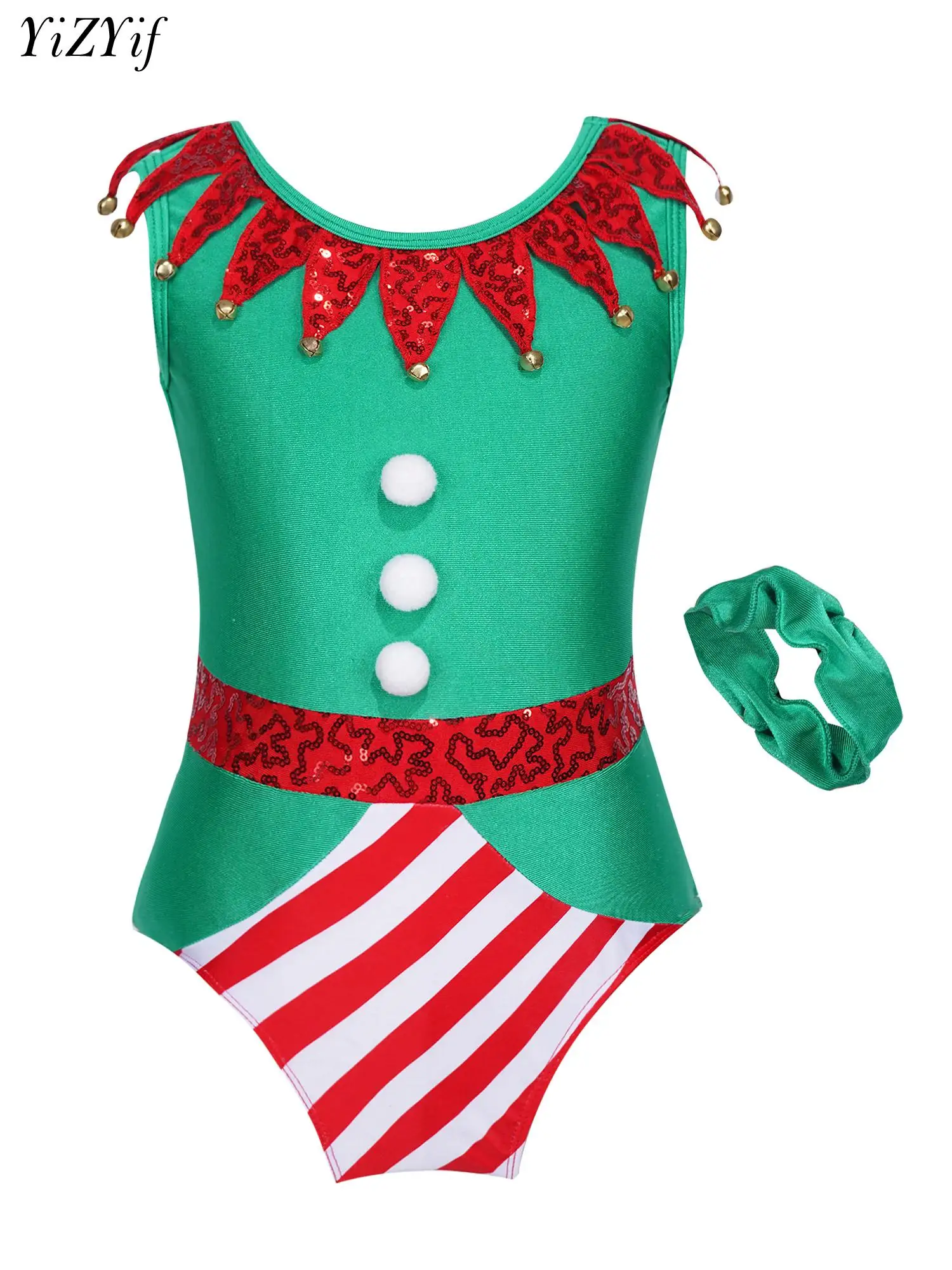 

Женский гимнастический купальник, праздничный костюм эльфа на Рождество, Новый Год, праздник, косплей-вечеринка, нарядное платье, боди с повязкой на голову