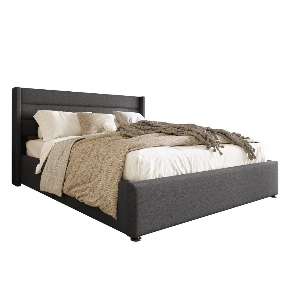 Multifunktionales Hydraulisches Stauraumbett | Beiger Leinen-Holz-Metallgitter-Rahmen | Robustes Doppelbett für kleine Schlafzimmer – Detail 12