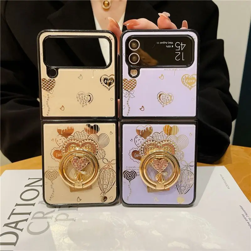Per Oppo Find N2 Flip Ring Stand Shinning Love Cover Case Per Samsung Galaxy Z Flip3 / Flip 4 Cover Posteriore Antiurto