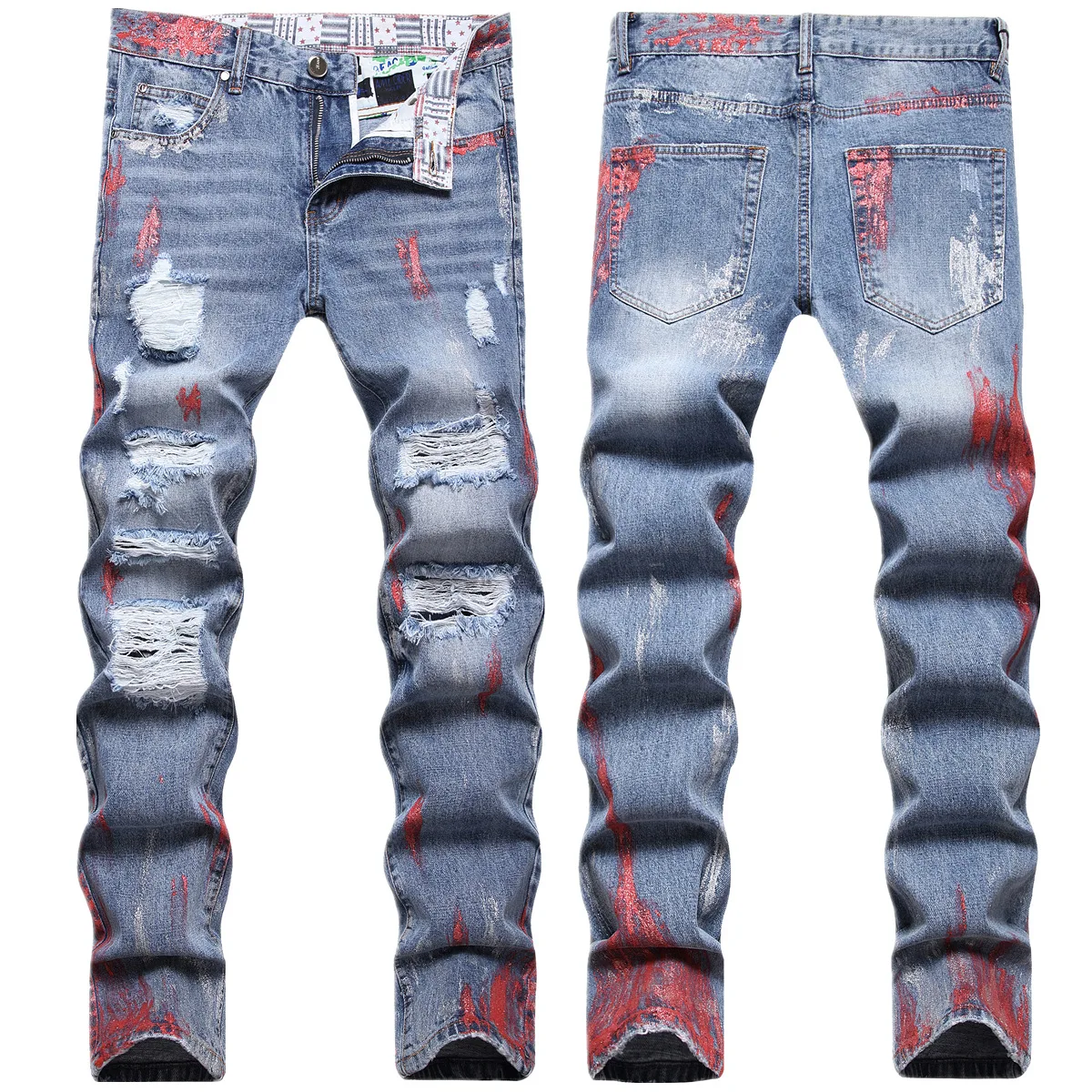 

Europe and the United States paint slim-fit small straight leg jeans men hand-painted blue feet long pants ripped