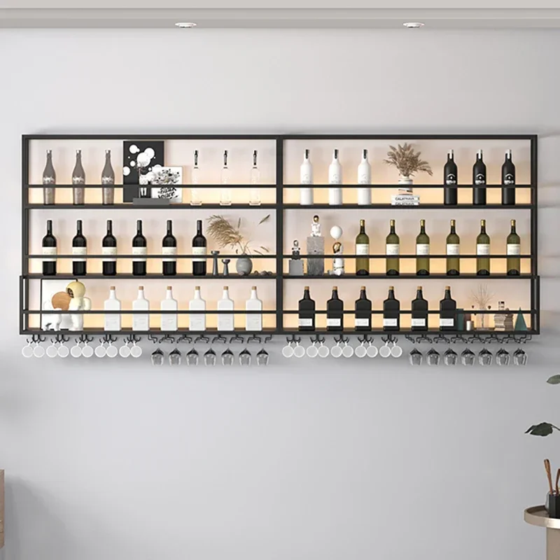 Luxury Wall-mounted Wine Rack for Kitchen Three-layer Iron Solid Showcase with Lights Modern Creative Household Shelf for Hotel