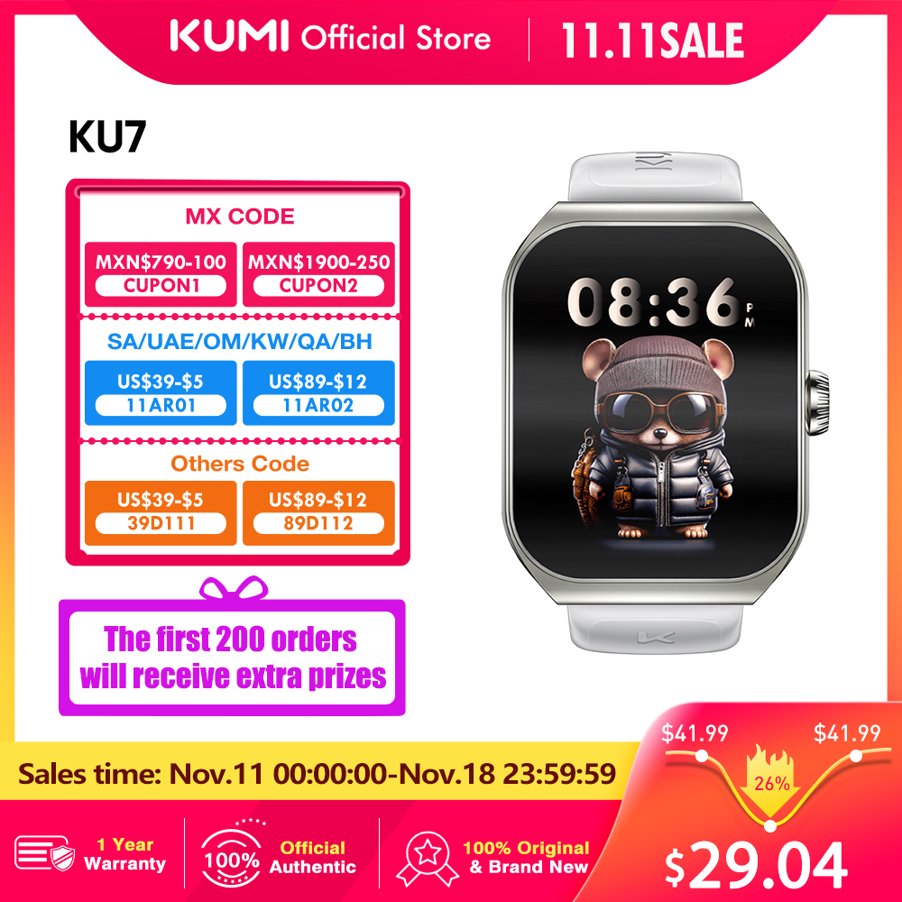 KUMI KU7 Smartwatch 1.96" AMOLED, AI Voice Assistant, Bluetooth Call, SOS Alert, 100+ Sports, Health Monitor
