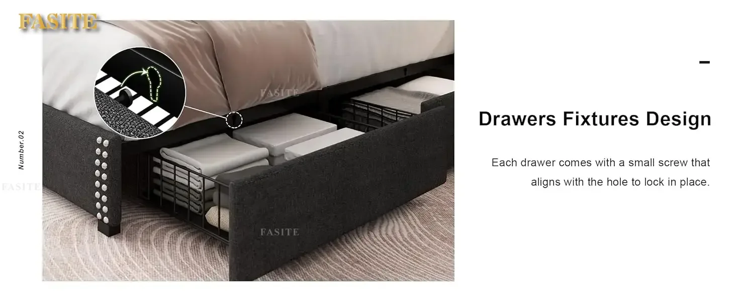 Queen Bed Frame with 4 Storage Drawers Upholstered Platform Bed Frame with Charging Station & Wingback Shelf, Solid Wood Slats