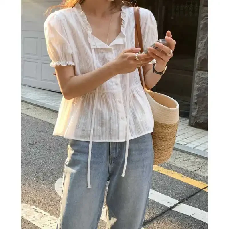 Chemise Chic à col en dentelle florale brodée de Style coréen pour femmes, chemise boutonnée avec manches bouffantes, haut élégant à la mode - AliExpress