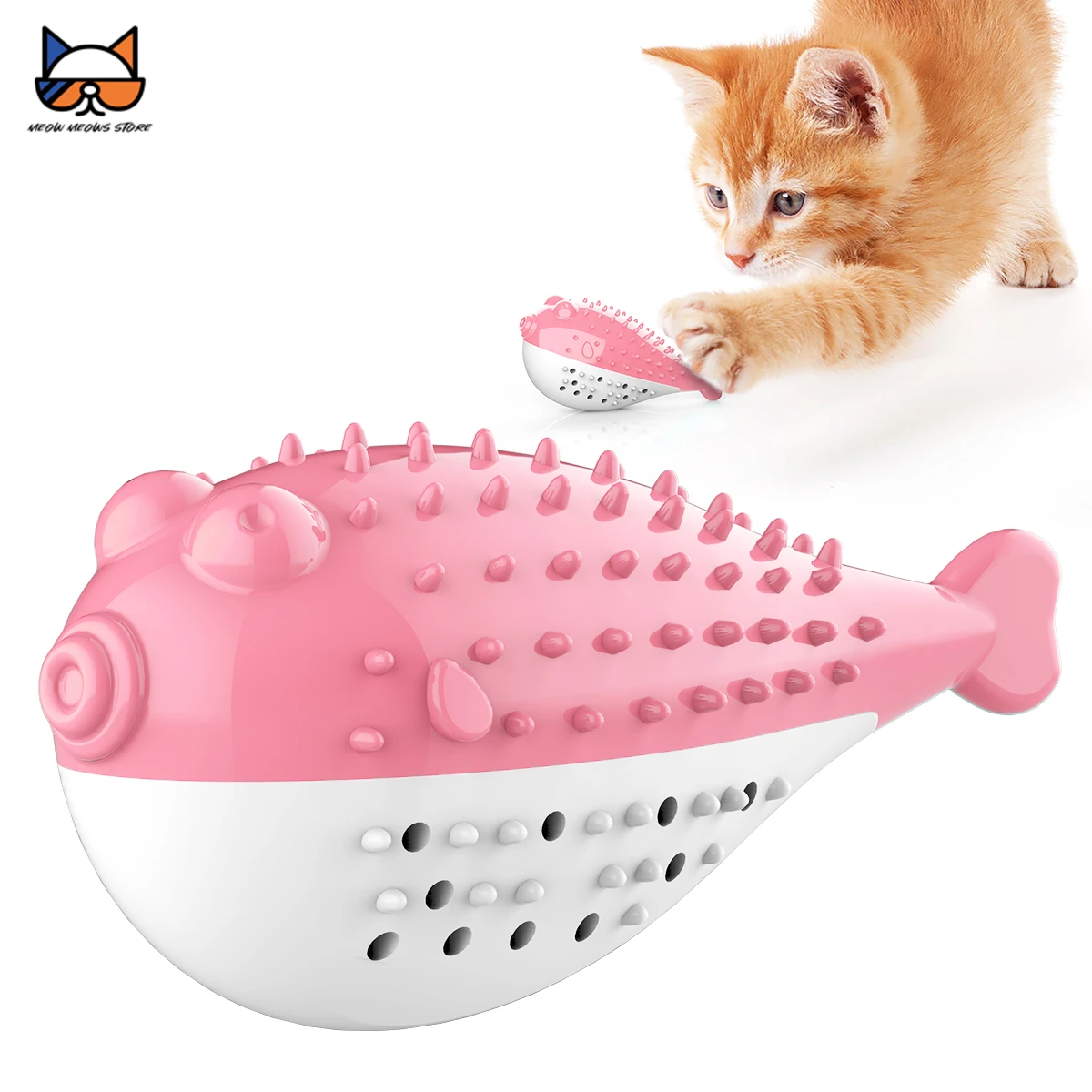 MEOWS Cat Chew Toy Toothbrush Cleaning Tool Cartoon Globefish-shape Pet Self-cleaner with Toothpaste Catnip Built-in Bell Toys