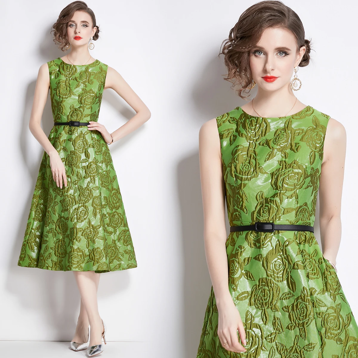 

2024 Summer New Vintage Palace Style Dress Women's O-Neck Sleeveless Jacquard Sashes Slim Fit Mid Length Skirt