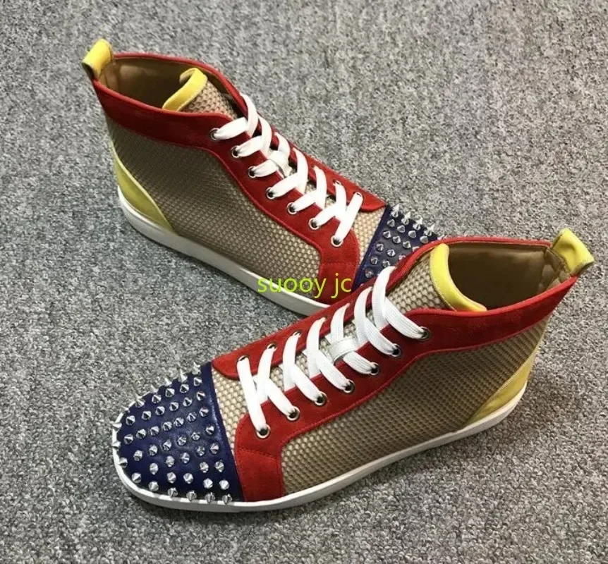 

New Beertola Leather Red sole shoes Mixed Color Spikes Head High Top Flats Shoes Men Street Shooting Zapatos De Hombre