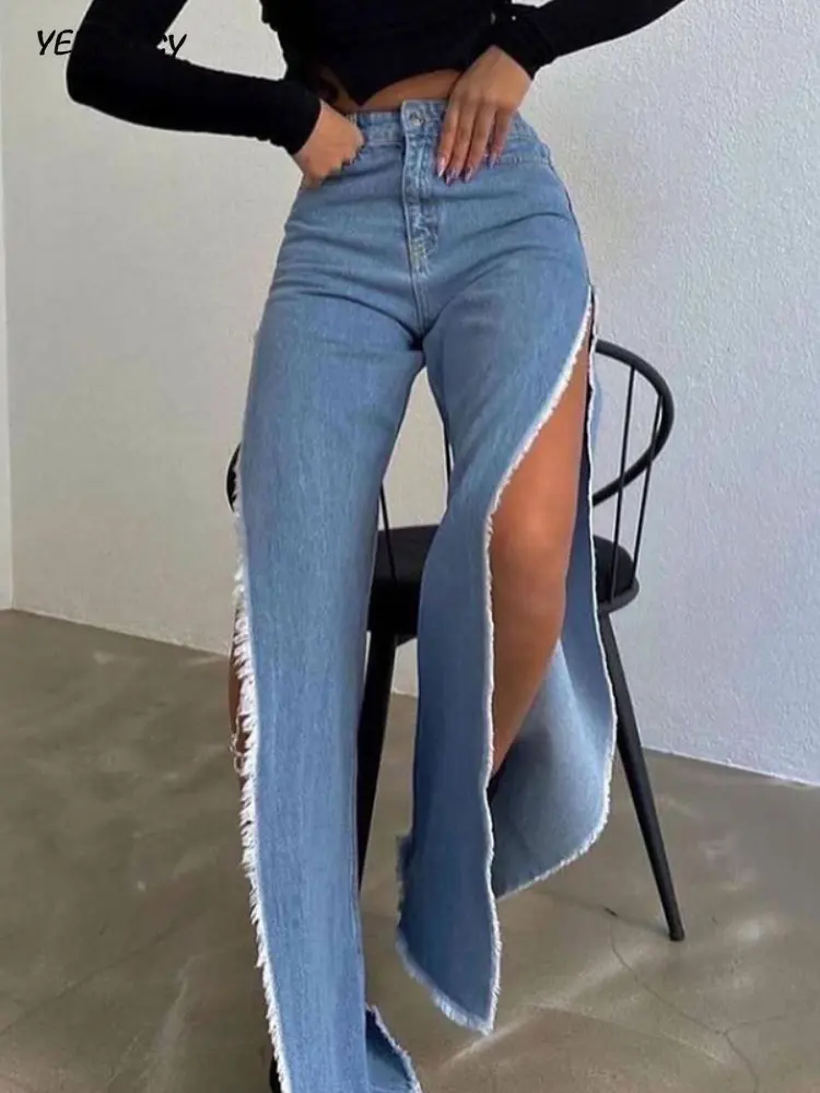 

Fashion Double Sided High Split Denim Pants Autumn Summer High Street Trendsetters Sexy Open Leg Pants for Women Casual Jeans