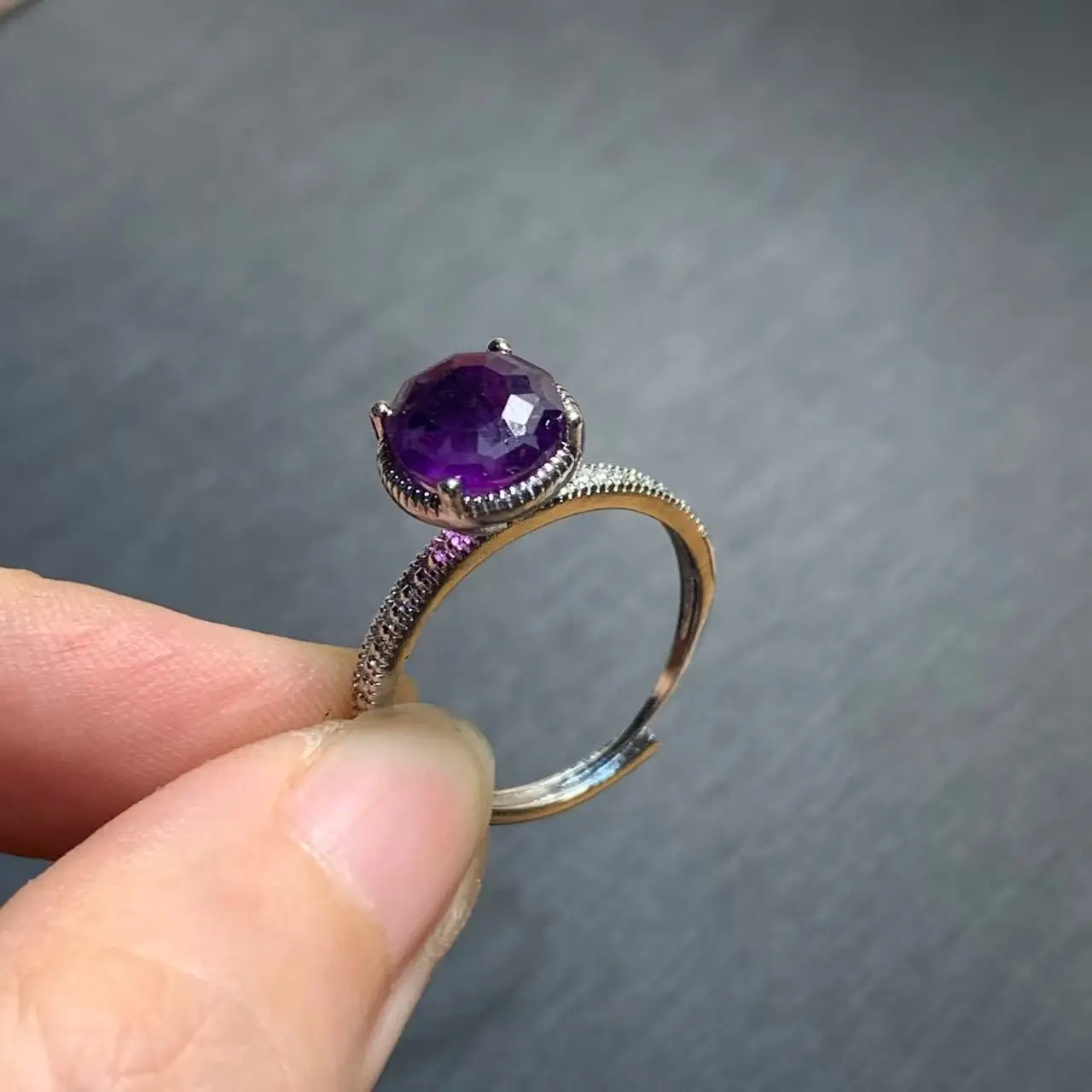 ROUND Natural Amethyst Ring Stone Female Handmade Rings Jewelry for Women Gift Purple Flower