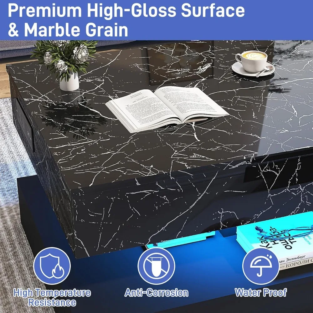 47.2" Large Lift Top Coffee Table with Charging Station, LED Modern High Glossy Center Table with Hidden Compartment Storage 3