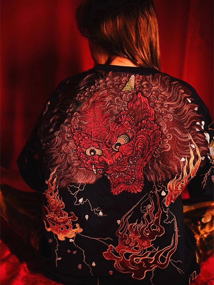 

Футболки с вышивкой Red Flame Syuten Douji, топы, Мужская черная одежда для мальчиков, свитер с коротким рукавом, винтажная уличная одежда в стиле хип-хоп Sukajan