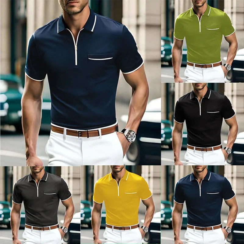 

2023 Summer Style Handsome Short Sleeve New Men's Zipper Polo Shirt Loose Young Casual Pocket Men's Sports Polo Shirt