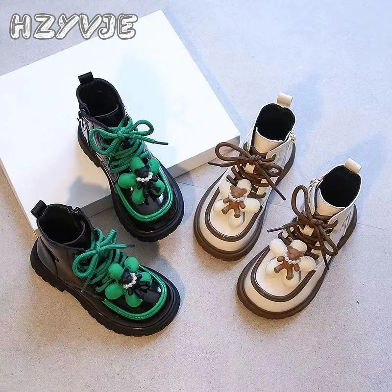 Girls Fashion Cute With Floral Boots Spring Autumn New Children's Square Toe Short Boots Medium Size Soft Sole Princess Shoes