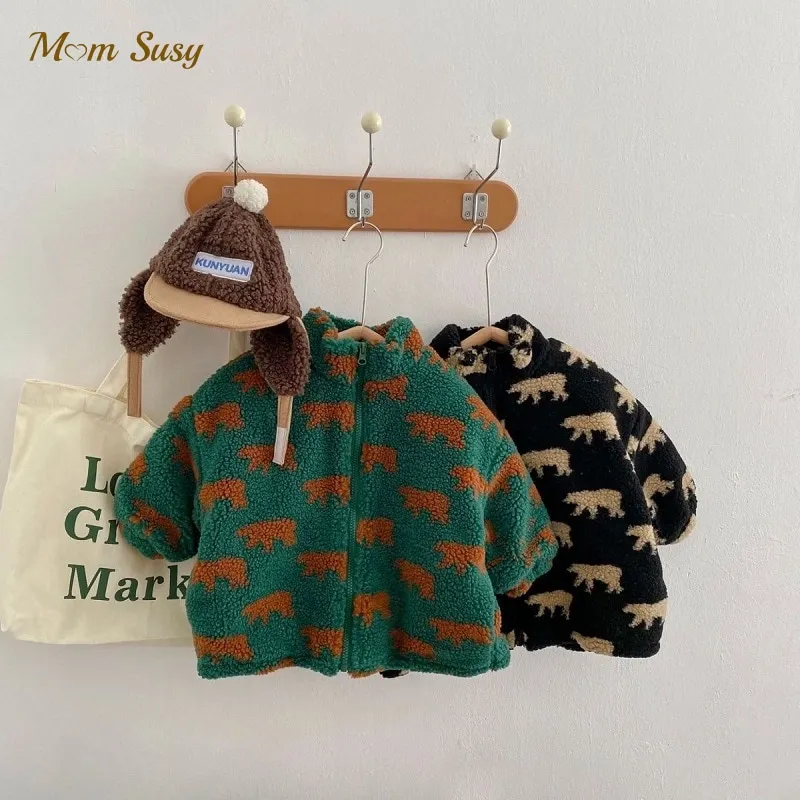 Fashion Baby Girl Boy Jacket Fleece Thick Infant Toddler Child Warm Sheep Like Cartoon Print Coat Baby Outwear Clothes 1-7Y