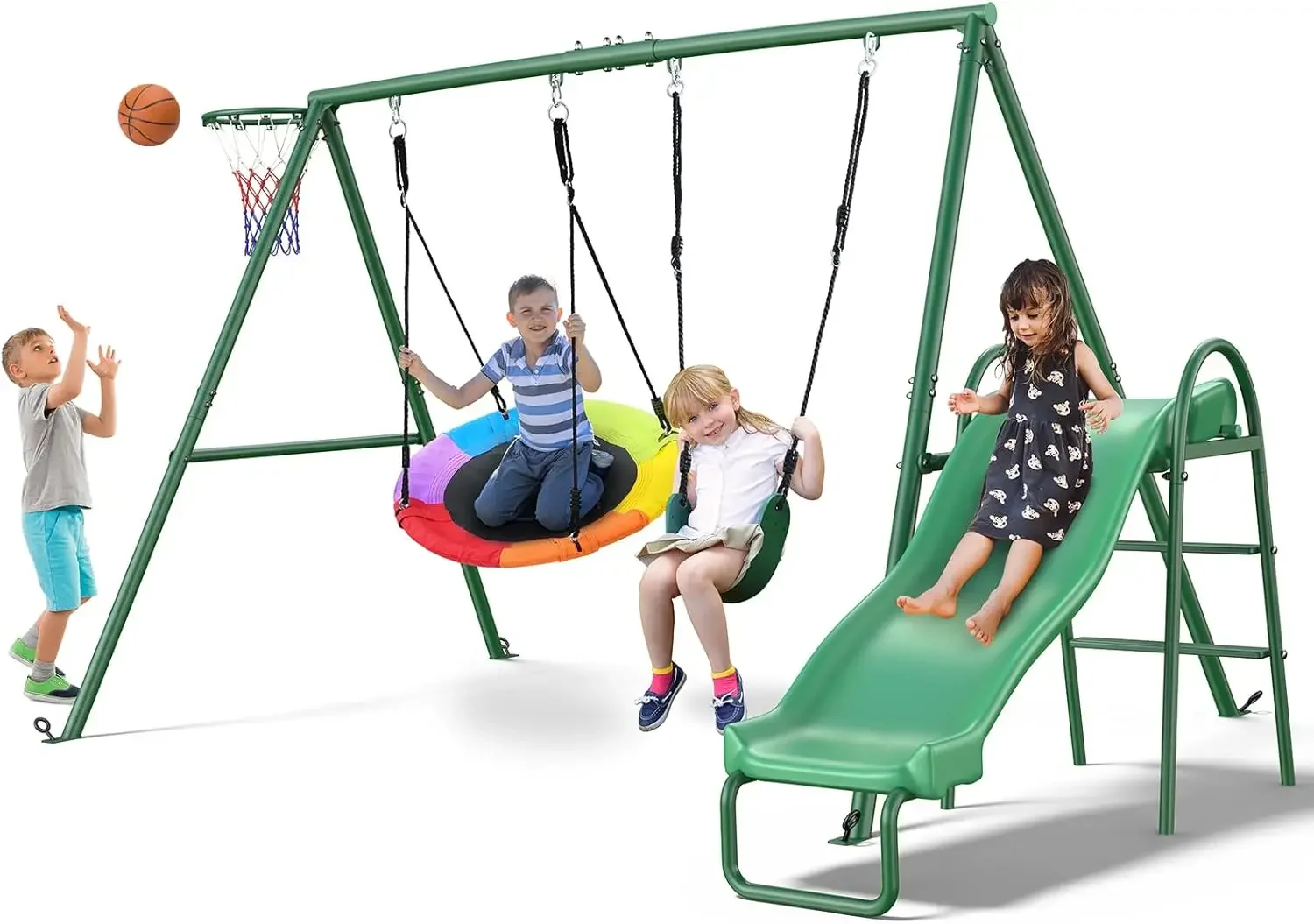 440 Pound Backyard Swing Set with Slide, Children's Outdoor Amusement Park, Heavy Metal Toys, UFO Swing, Belt Swing