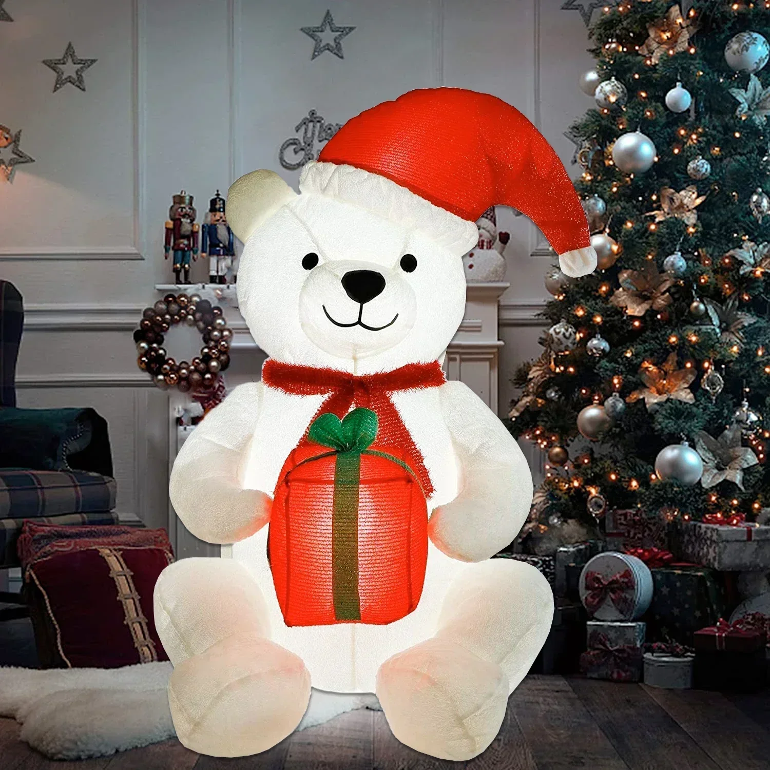 Plush Bear Inflatable Christmas Decoration 3.9ft LED Glowing Polar Bear Blow Up Toys Xmas Decor for Home New Year Party Ornament 2