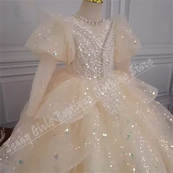 Baby Girl Wedding Princess Champagne Dress Luxury Sequin Party Pearls Puff Sleeve Flower Girls Costume First Communion 1