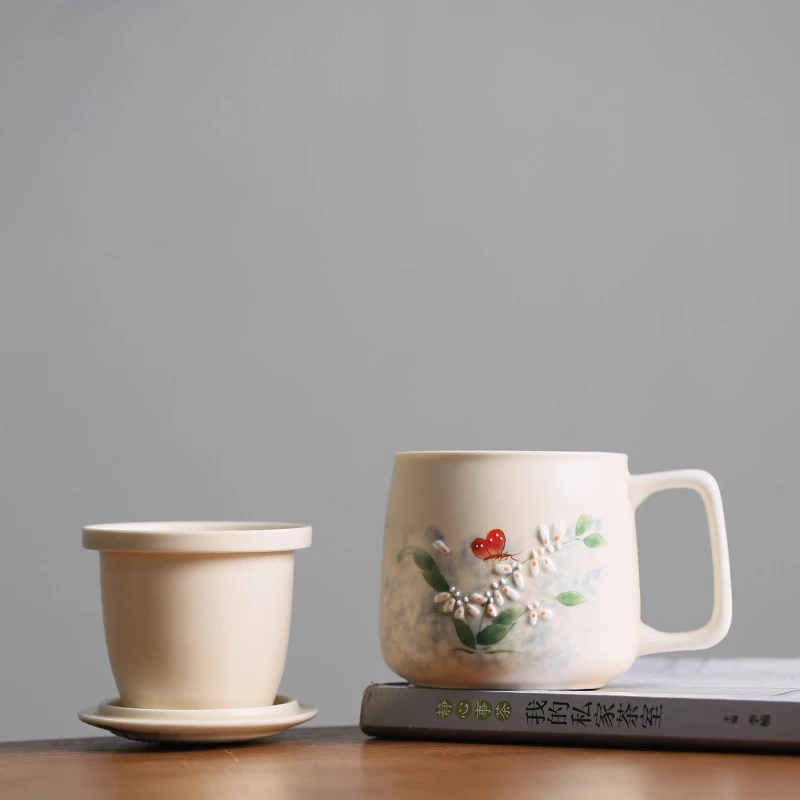 Chinese Style Ceramic Relief Butterfly Pattern Mug Personal Office Creative Teacup With Cover Filtered Tea Water Separation, 1Pc