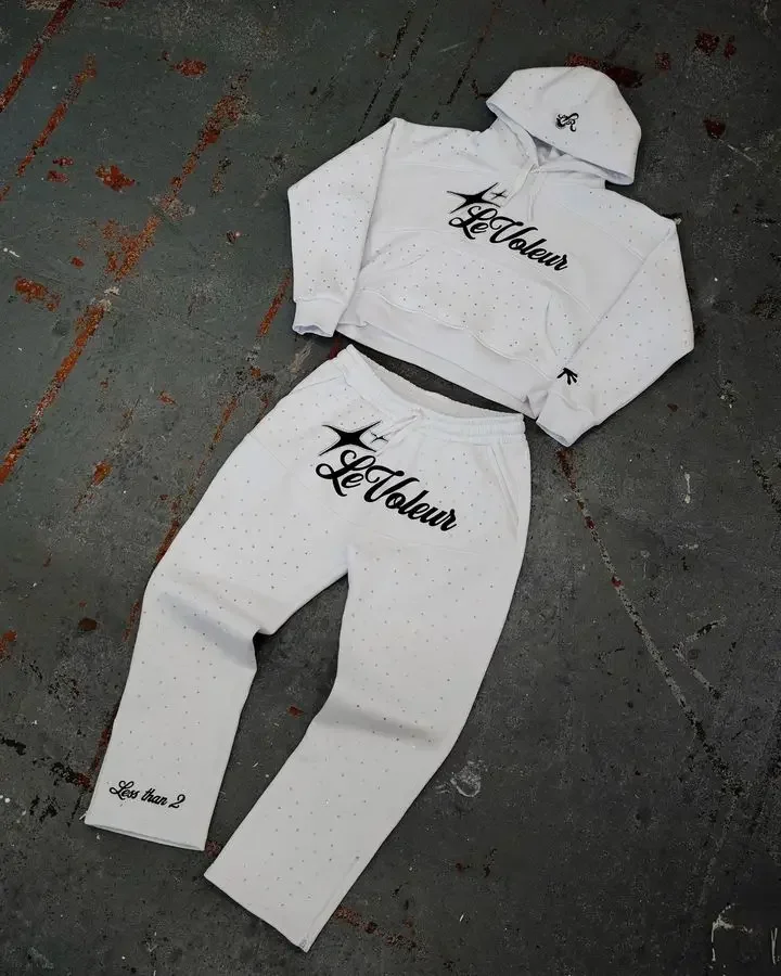Two Piece Set Y2K Sportswear Mens Hip Hop Letter Embroidery Rhinestone Sequin Hoodie Sweatpants Oversized Sweatshirt Pants Set 5