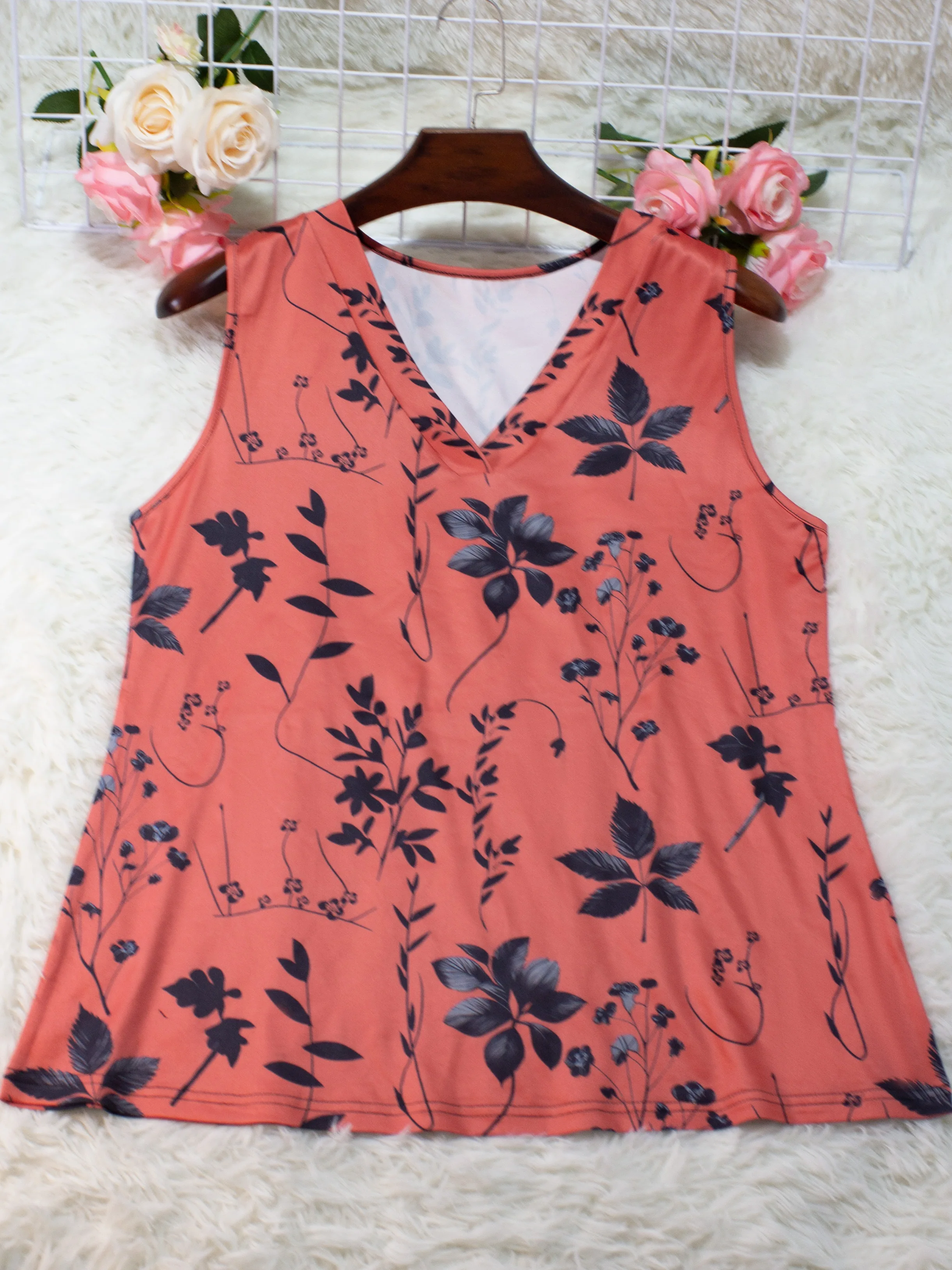 Women's Floral Print V-Neck Comfort Fit Plus Size Tank Top - Elegant Summer Fashion.  1x-5x - view