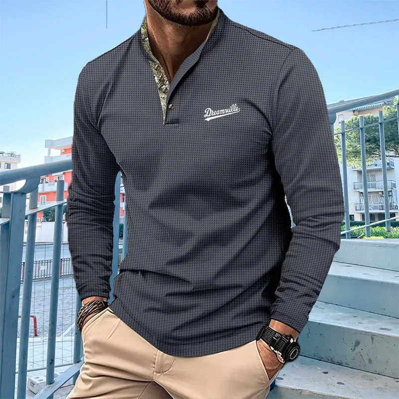 

Men's new solid color long sleeved polo shirt, men's waffle casual minimalist style polo shirt.