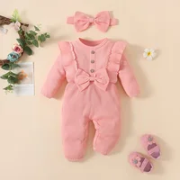 Infant Baby Girls Romper Newborn Baby Girl Clothes Solid Color Ribbed Jumpsuit with Headband 2PCS Outfits 6