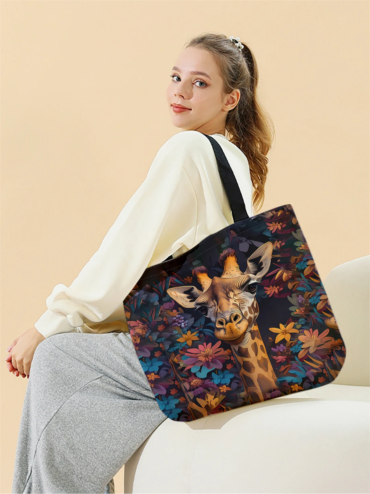 1pc,flower giraffe handbag, reusable fashionable handbag, multifunctional handbag, printed canvas shopping bag
