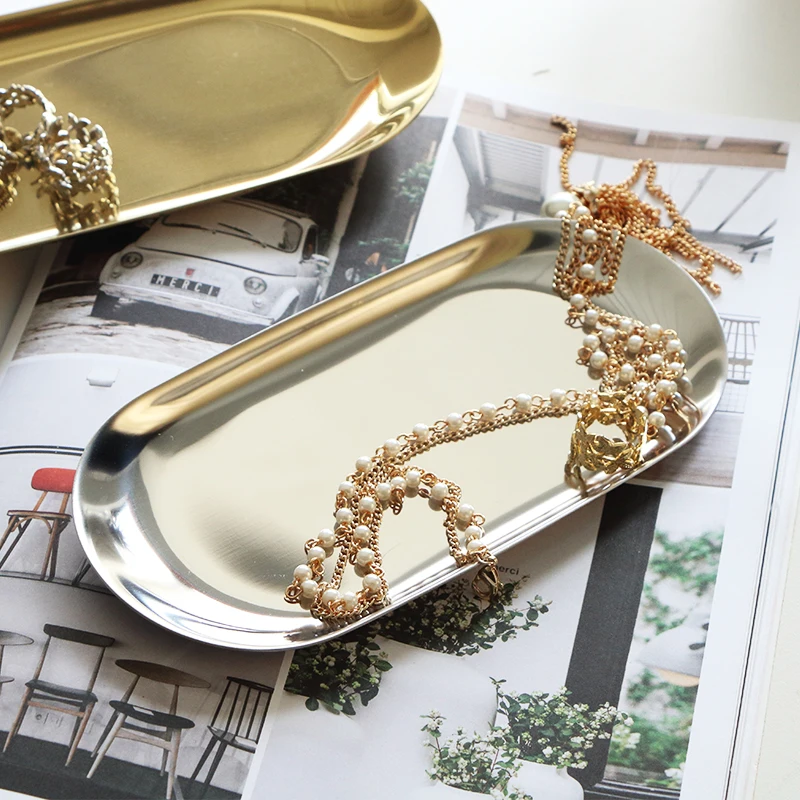 Rose Gold Tray Metal Nordic Oval Jewelry Tray Chic Stainless Steel Gold Plate Seal Bean Spoon Sandwich Fruit Tray Storage Tray 6