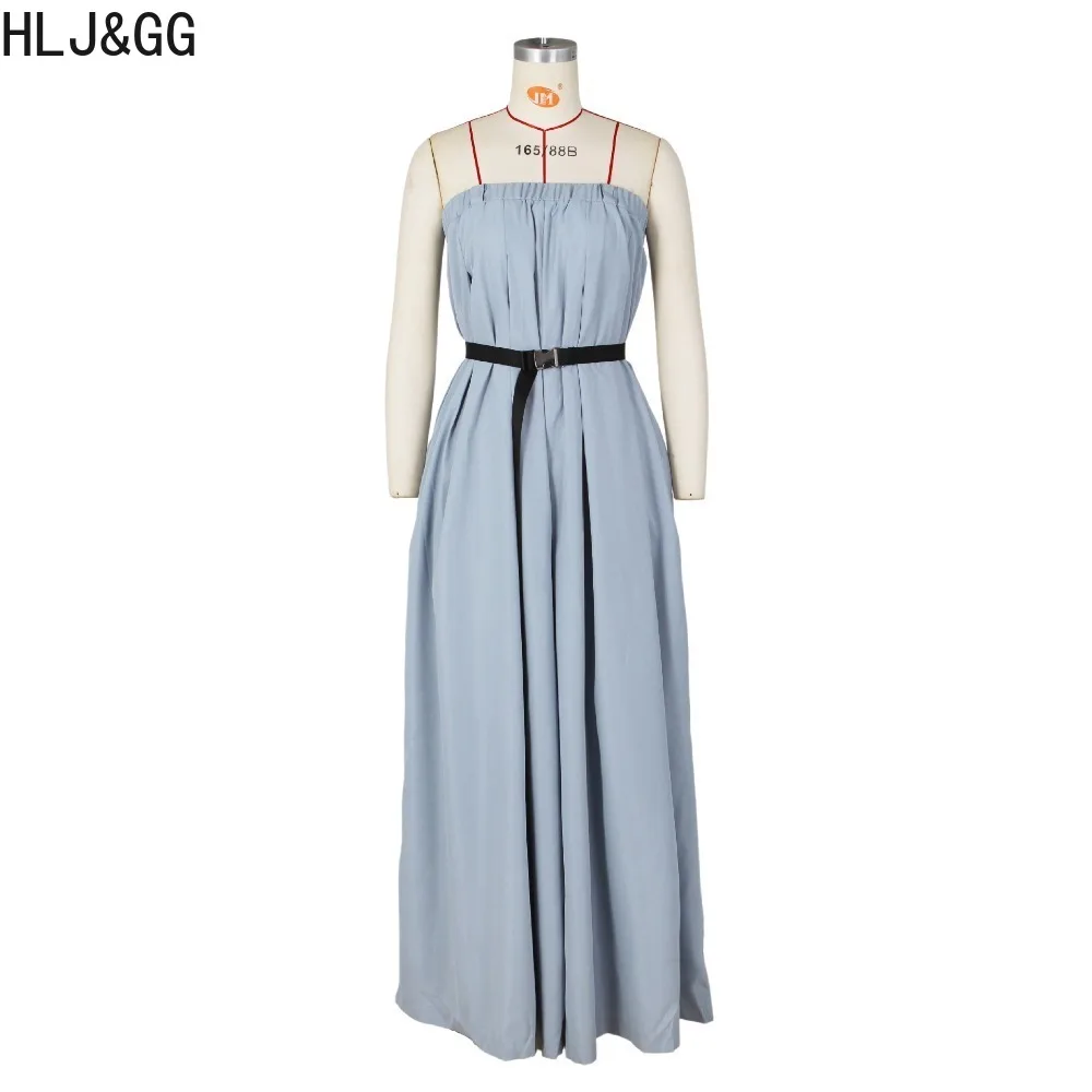 HLJ&GG Fashion Solid Off Shoulder Wide Leg Pants Jumpsuits Women Sleevless Backless Playsuits Casual Female With Belt Overalls