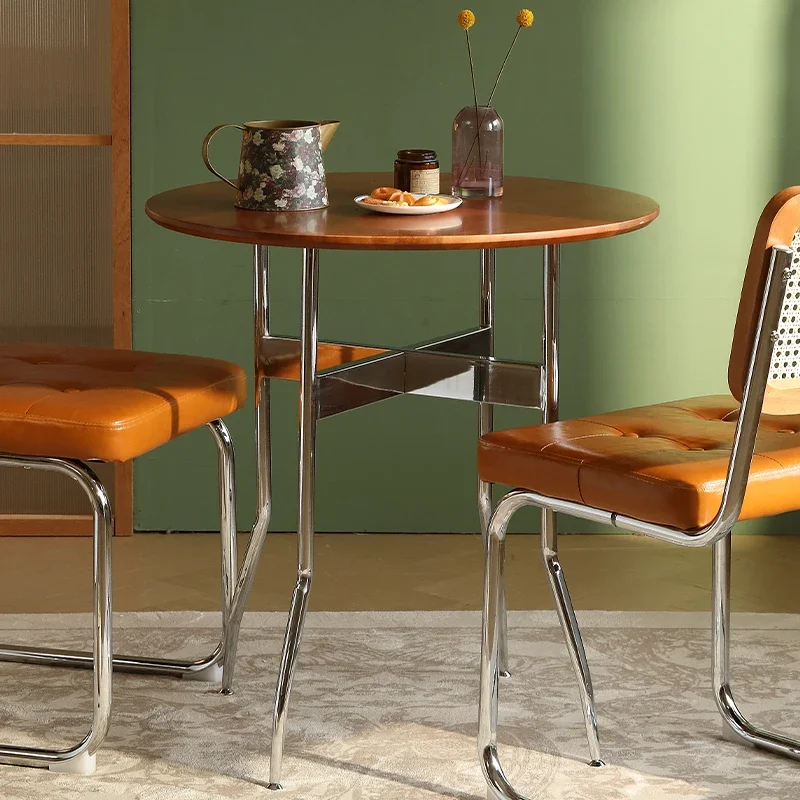 צרפתית fozhong עץ מלא עגול שולחן אוכל וכיסאות דירה קטנה למשא ומתן נירוסטה מתקפלת