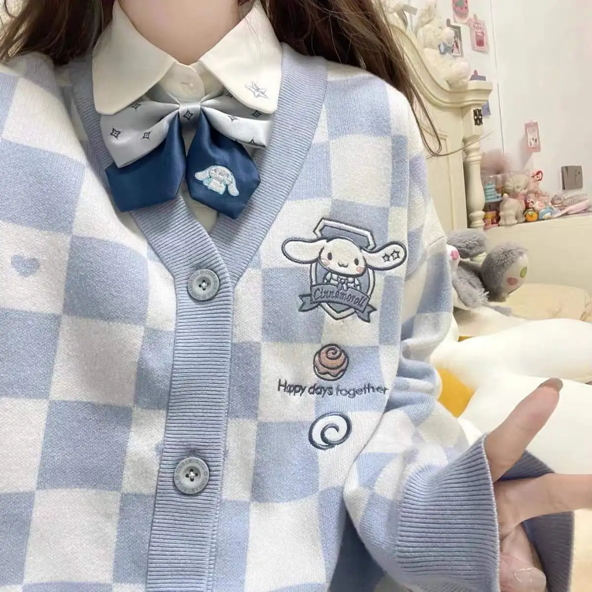 34959-b9f7c5.jpg Japanese Oversized Kawaii Cartoon Embroidery Cardigan Women Jk Uniform Checkerboard Sweater Coat Autumn Loose Y2k Knitted 2022 - Image 1