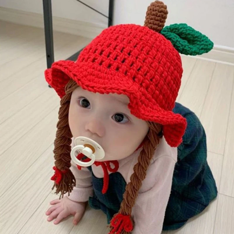 Children Knitted Hat Autumn Winter Braid Baby Ear Protection Wool Hat Apple Ruffle Red Costumes Accessories