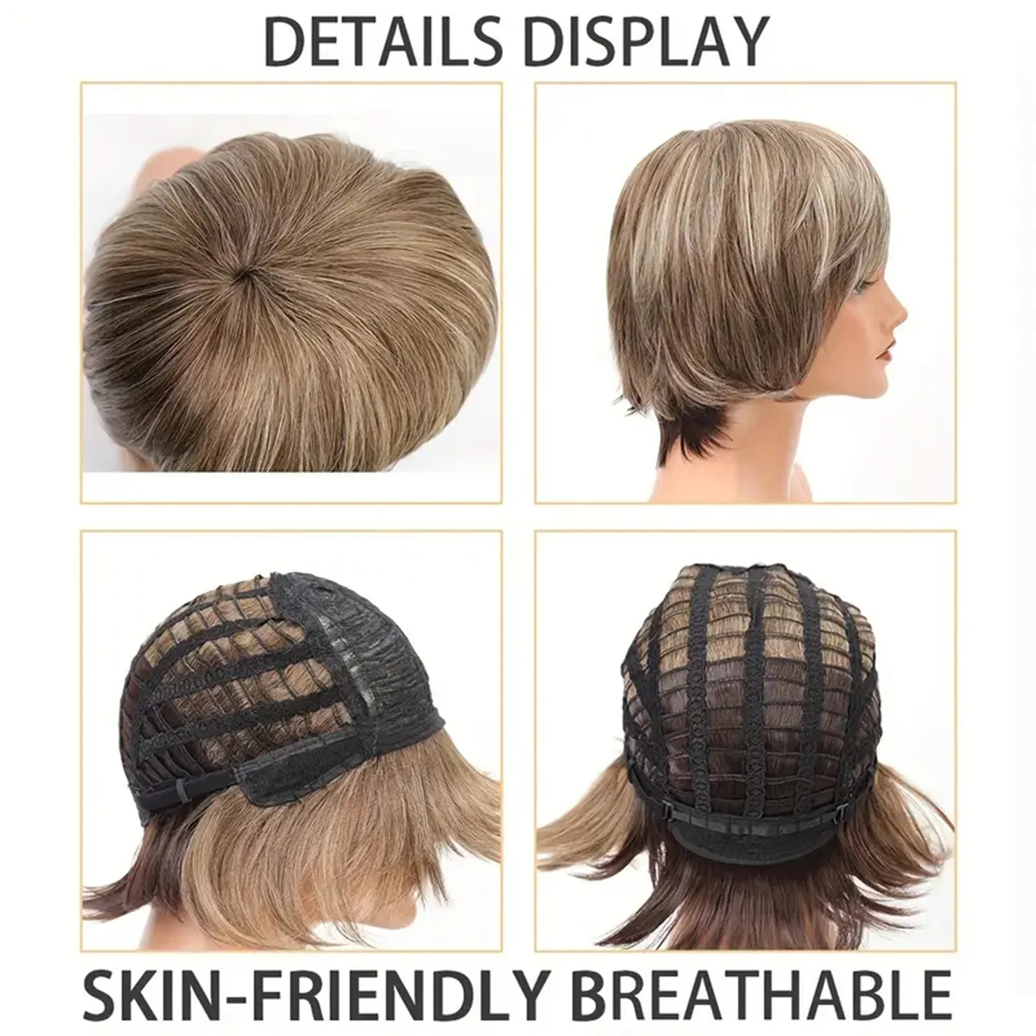 Natural synthetic bob bob wig with bangs mother headgear heat-resistant wig short slightly curly brown beige mixed color