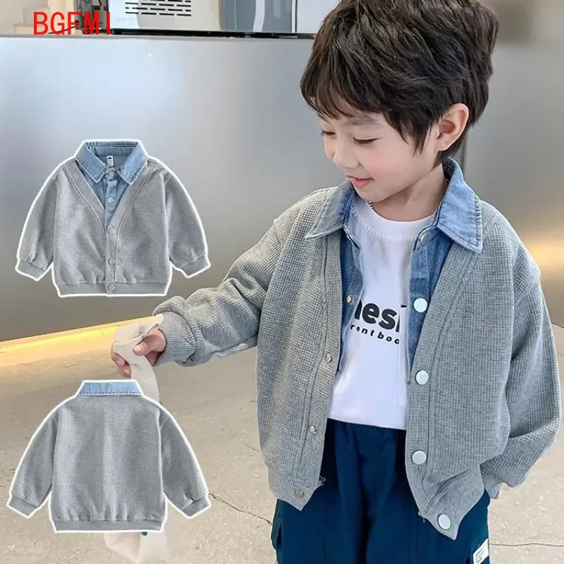 

Children's clothing for boy Coat Spring Autumn Jacket Denim collar Patchwork top Fake two shirts Kids Outerwear 2-9 Y
