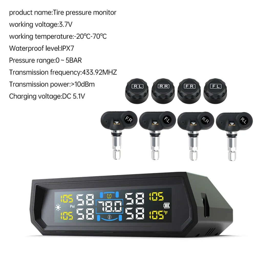 Sistemi di allarme di sicurezza automatici universali nel display della temperatura dell'auto Sistema di monitoraggio della pressione dei pneumatici per auto USB / TPMS solare - immagine 3