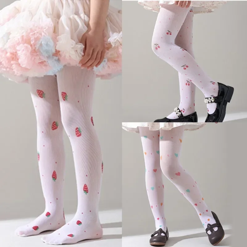 Cherry Print Children Girls Pantyhose Summer Thin Mesh Baby Girls Tight Long Stockings for 3-12 Years Girl Princess Socks kids pantyhose ballet tights fishnet stockings