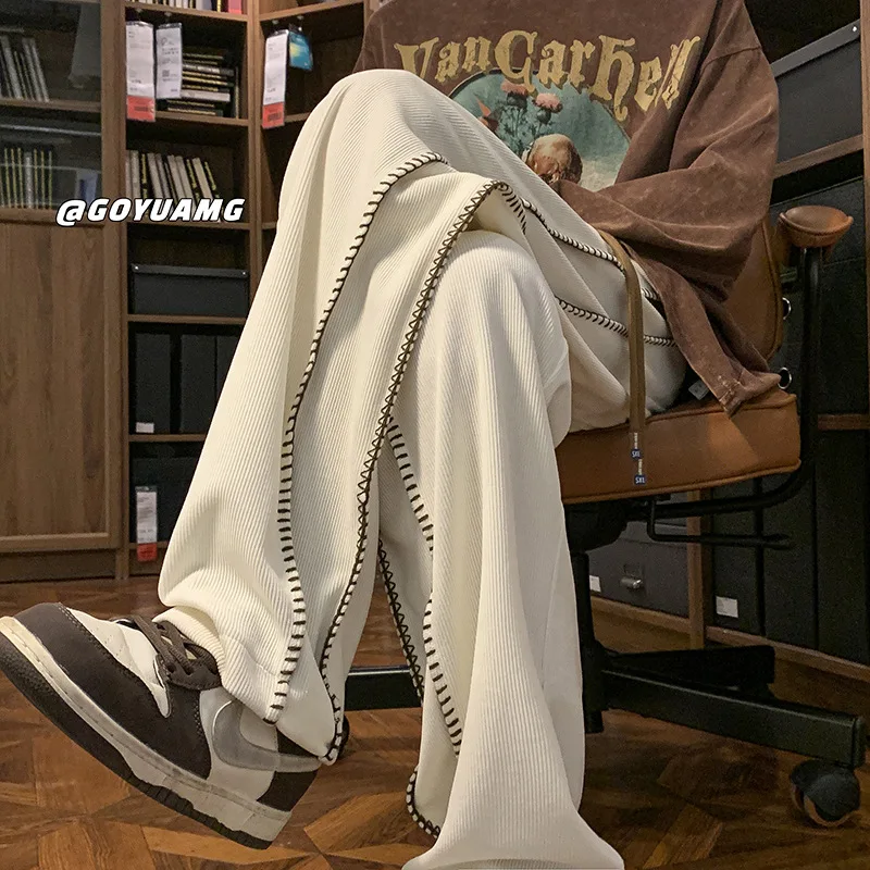 

HOUZHOU American Vintage Side Striped Pants for Men Streetwear Wide Leg Trousers Male Old Money Casual Baggy Sweatpants Korean