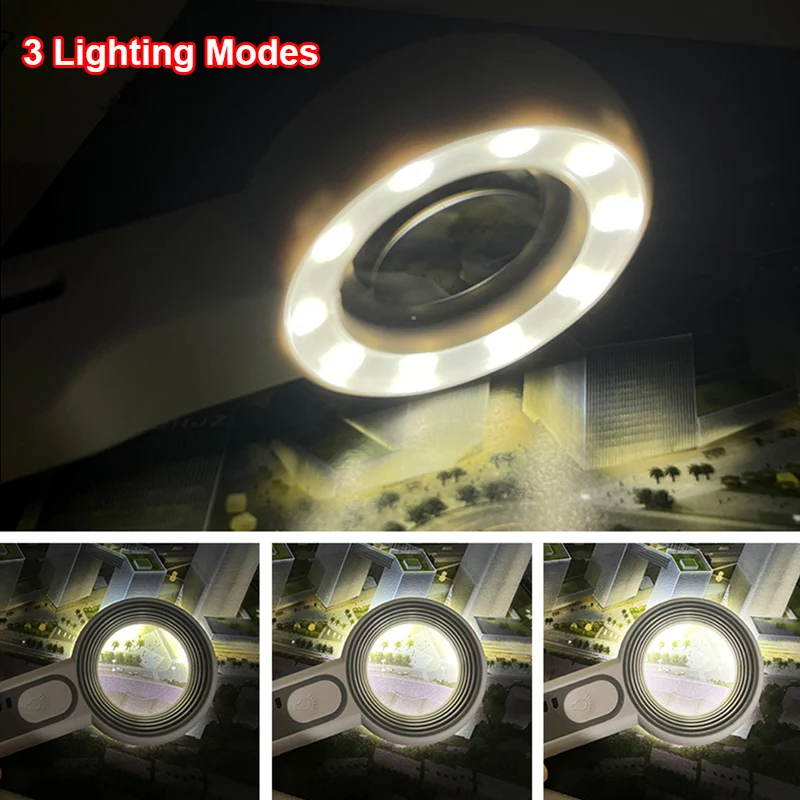 5X 6X 11X 12X 충전식 휴대용 돋보기 3가지 조명 모드 LED 조명이 있는 조명식 확대경(노인 독서용)