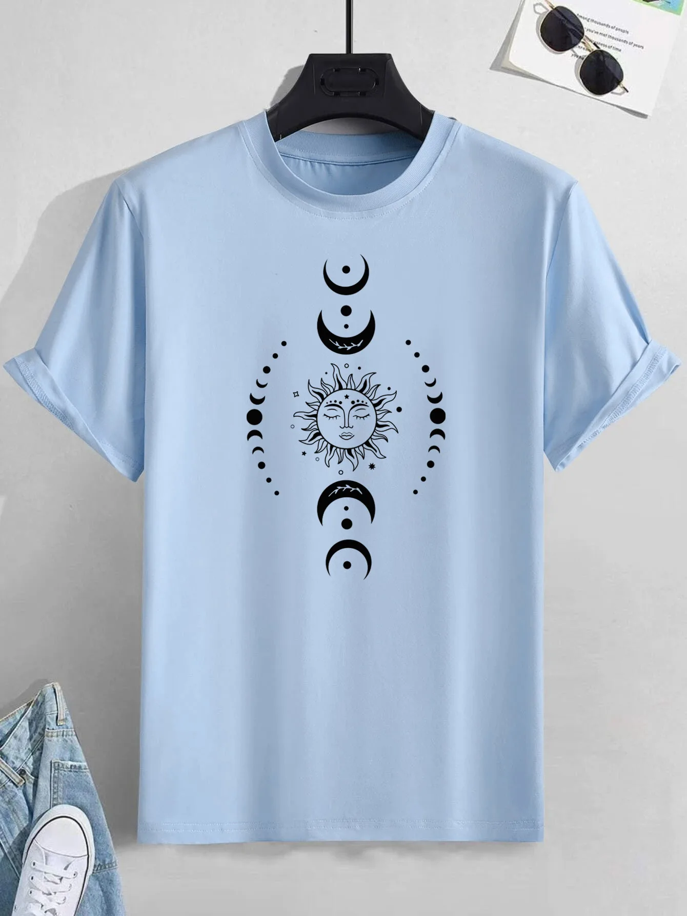 T-shirt imprimé soleil et lune pour décontracté, col rond, manches courtes, mode été, hauts, tenues pour hommes_voghion.com