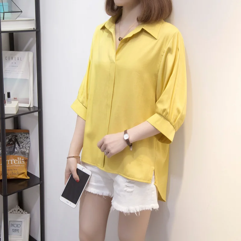 L-4XL Large Size Chiffon Mid-length Shirts Women Summer Fashion Split Half Sleeve High Low Hem Blouses Oversize Solid Color Tops