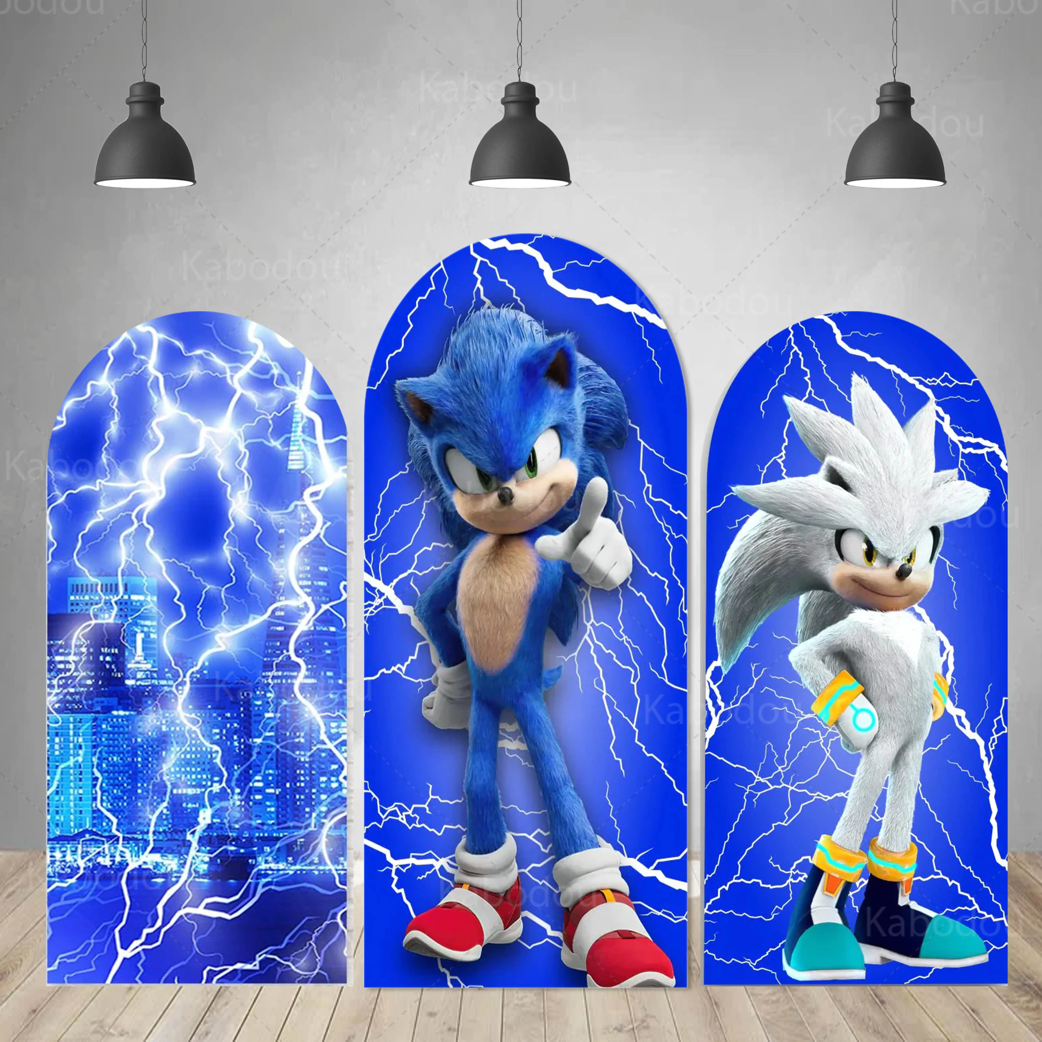 thumbnail image 2 of Fondo de Sonic con arco de doble cara, decoración para fiesta de cumpleaños de niños, fondo de fotografía azul, relámpago, poliéster, utilería para estudio, 2 of 5