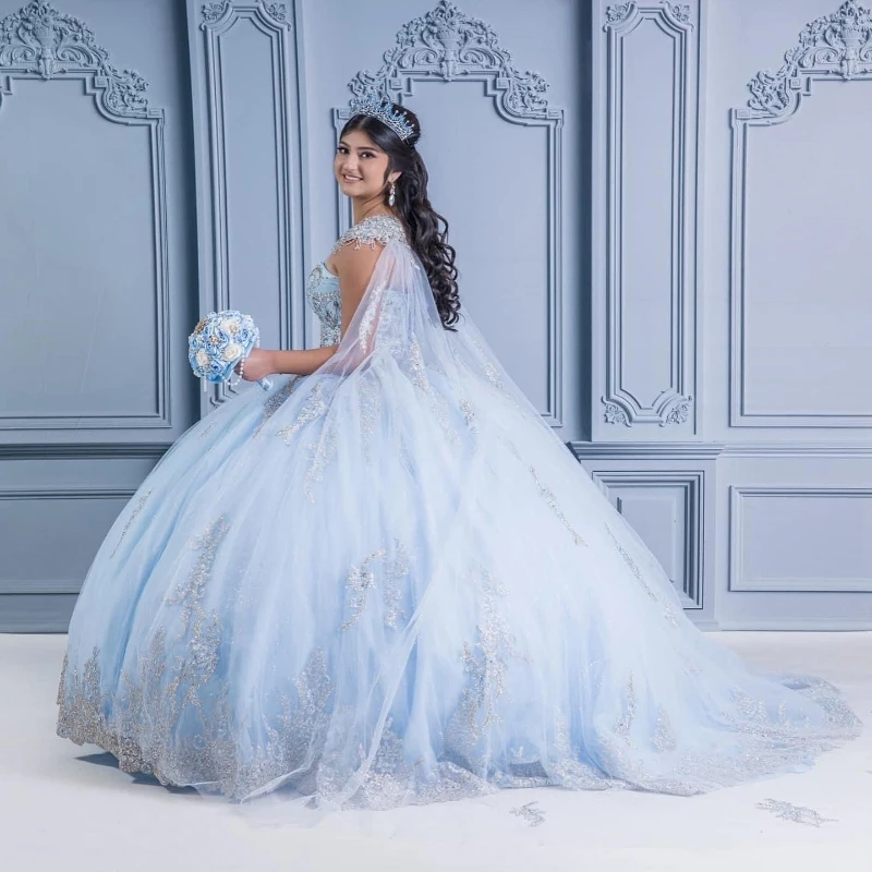 

Sky Blue Princess Quinceanera Dress 2024 Off Shoulder Appliques Lace Beads With Cape Party Sweet 16 Gown Vestidos De 15 Años