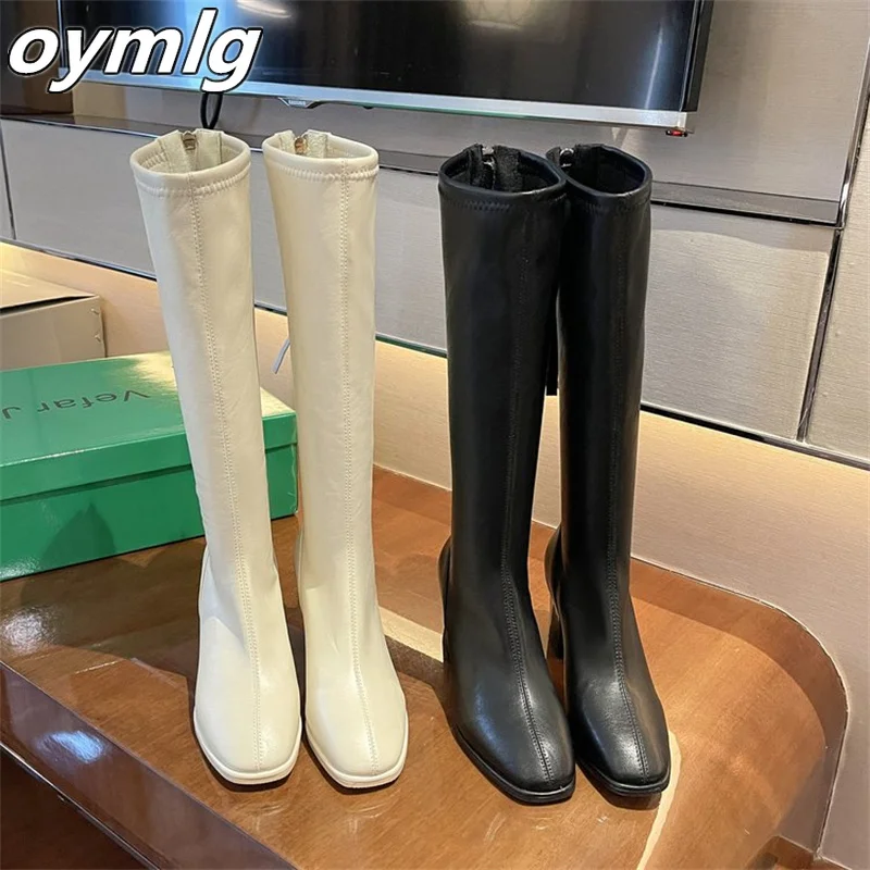 여성용 2023 슬림 탄성 부츠, 나이트 부츠, 스퀘어 토 오버 무릎 두꺼운 힐, 하이힐, 겨울 신상